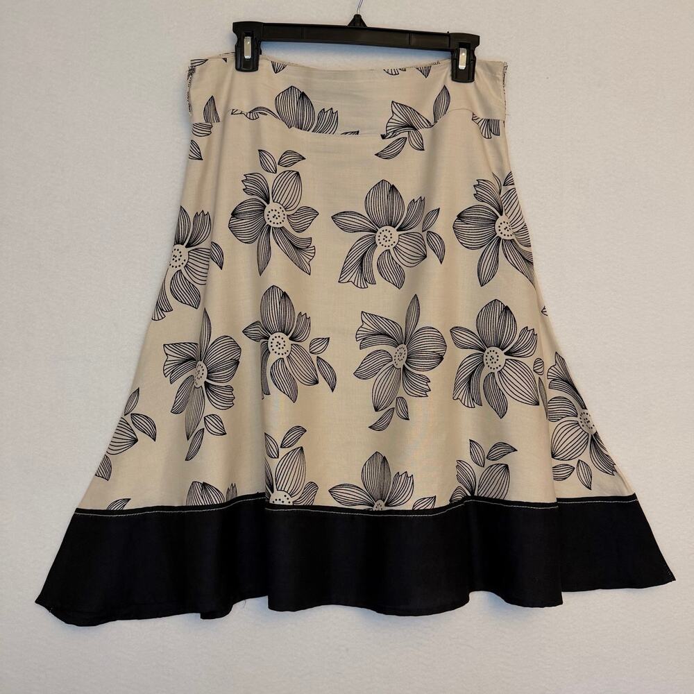 Sherry Taylor Womens L Cream Black Floral A Line Swing Skirt Ramie Rayon